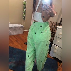 BDG Corduroy Pleated Tapered Trousers Neon Pastel Green Ying Yang Embroidery